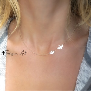 10K, 14K or 18K Solid Gold Mother & Child or Love Birds, Flying Birds, Love, Freedom, Prosperity Necklace in Yellow, Rose or White Gold