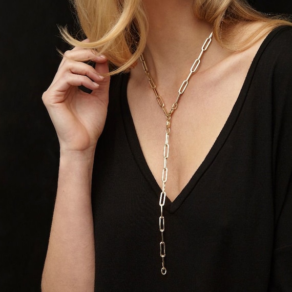Collier Lariat à grande chaîne en trombone en or massif 14K pour