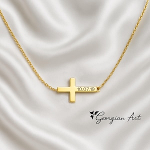 10K, 14K or 18K, Engrave Name, Date or Initials in Yellow, Rose or White Gold, Personalized Sideways Cross Necklace For Woman or Girl, Faith