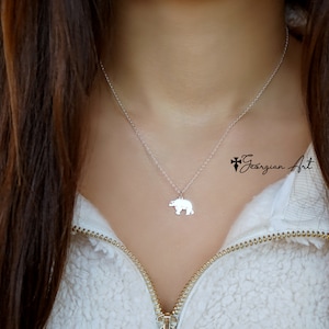 10K, 14K or 18K Solid Gold Mama Bear Necklace in Yellow, Rose or White Gold, Personalize it With Initial, Small Animal Necklace.