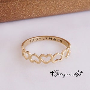Dainty Hearts Ring in 10K, 14K or 18K, Stacking Ring With Engraved Date, Initials or Message in Yellow, Rose, White Gold, Personalized ring.