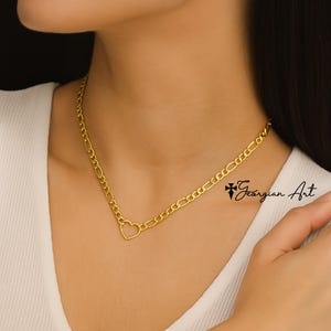 14K Solid Yellow Gold Heart Charm With Figaro Chain Necklace For Woman Or Girl, Always In My Heart Gift For Daughter, Mom, Sister, Friend.