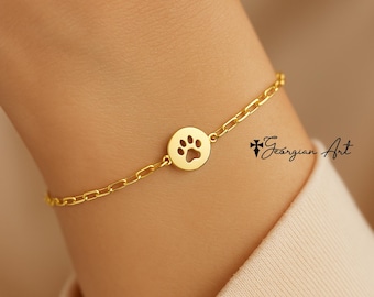 14K Solid Yellow Gold Paw Print Bracelet, Sturdy Paperclip Chain for Young Girl. Celebrate New Puppy with "Love You Mommy" Charm.
