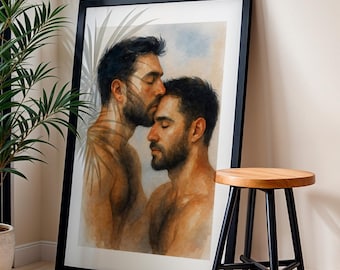 Gay Bear Couple Watercolor Art Print: Intimate LGBTQ+ Love (Digital Download)