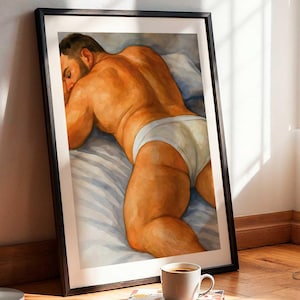 Bedroom Wall Art, Gay Chubby Man in Tighty Whities, Queer Body Positive Poster, Aquarel Watercolor Muscle Bear Art, Digital Download