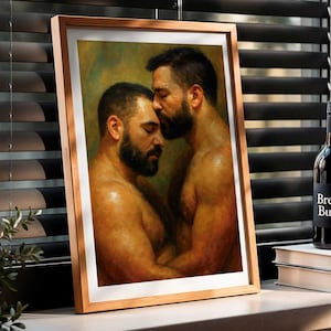 Gay Bear Couple Art Print: Intimate LGBTQ+ Oil Painting Style (Digital Download)