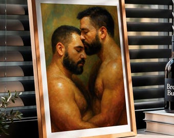 Gay Bear Couple Art Print: Intimate LGBTQ+ Oil Painting Style (Digital Download)
