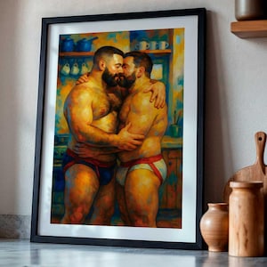 Gay Bear Wall Art, Chubby Couple in Tighty Whities, Queer Intimate Kitchen Poster, LGBTQ Home Decor, Digital Download Printable
