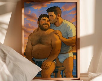 Gay Couple Art Print: Sunset Kisses, Queer Romantic Decor (Digital Download)