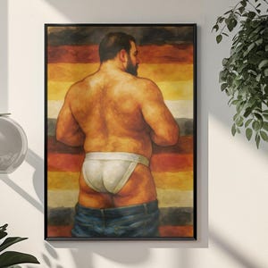 May include: Framed artwork showing a person from the back, wearing a white athletic supporter and blue jeans. The background has horizontal stripes in orange, yellow, and brown. The artwork is displayed on a white wall.