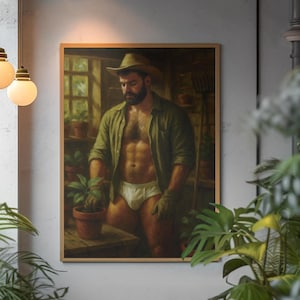 Gay Bear Gardener Art Print: Sensual Hairy Man in Tighty Whities (Digital Download)