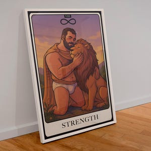 Póster de Tarot de la Fuerza: Arte mural queer de oso y león gay / Decoración digital de cartas de tarot LGBTQ / Descarga WoofyBriefs Pride