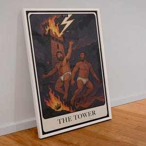 Turm-Tarot-Poster - Schwules Bärenpaar fallend Queer Tarot-Kunst | LGBTQ spiritueller Druck in Tighty Whites | WoofyBriefs Download