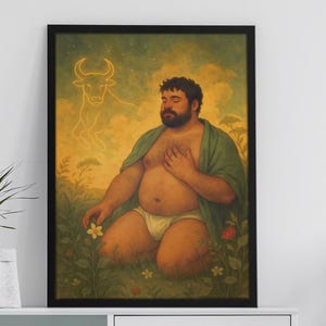 Puede incluir: Una impresión artística enmarcada representa a una persona con un chal verde y calzoncillos blancos, arrodillada en un campo de flores. Un contorno de toro está en el fondo. Un mueble blanco con una planta, libros y un helado decora la habitación.