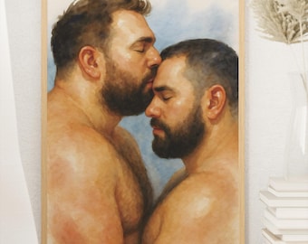 Impresión de acuarela de pareja de osos gay: Arte íntimo LGBTQ+ (Descarga digital)
