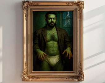 Queer Halloween Monster Art Print: Green Muscle Bear in slip (digitale download)