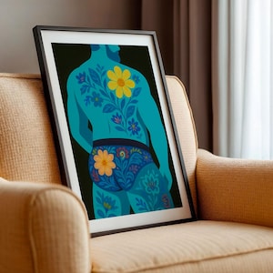 Bathroom Wall Art, Gay Floral Tattooed Man Poster, Queer Minimalist Decor, Bold Body Positive Trend, LGBTQ Graphic Style, Gay Illustration