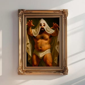 May include: A framed painting shows a person in a white sheet with eye holes, resembling a ghost, and white underwear. The painting is in a gold ornate frame, with the person's arms raised.