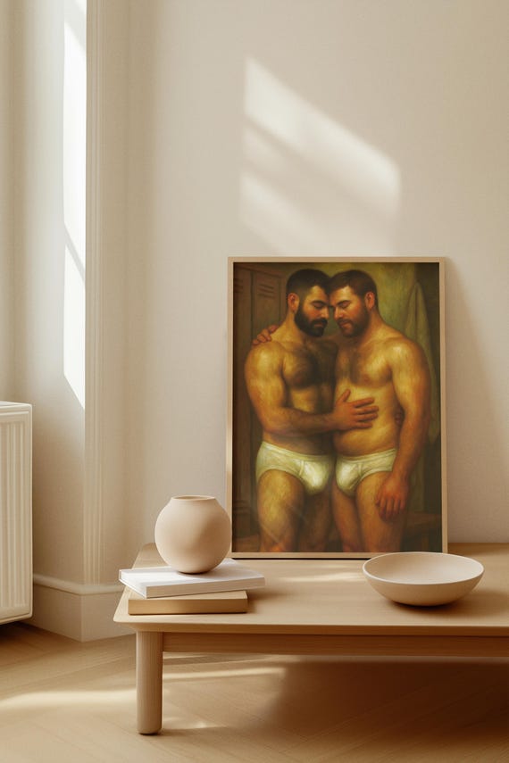 Gay Bear Couple Art Print: Locker Room Tenderness, LGBTQ+ Intimate Poster (Digital Download)