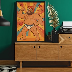 El Campeón de los Briefs – Gay Luchador Bear Art Print | Queer Cartoon Poster | WoofyBriefs Digital Download | Body Positive Wall Decor