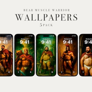 Puede incluir: Cinco fondos de pantalla para smartphone con figuras musculosas en varias poses de guerreros, cada uno con un fondo diferente. La hora 9:41 se muestra en cada pantalla. El texto "BEAR MUSCLE WARRIOR WALLPAPERS 5 PACK" está en la parte superior.