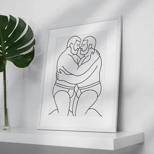 Gay Couple Line Art Print: Bear Hug, Queer Intimacy (Digital Download)