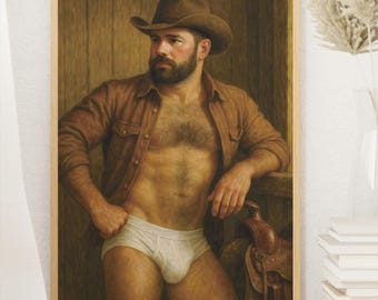 Lámina de vaquero gay: Decoración retro queer, ilustración del cuerpo masculino (descarga digital)