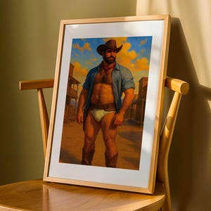 Home Decore Art, Sexy Cowboy in Tighty Whities Digital Print, Retro Masculine Decor, Gay Western Art, Bear Aesthetic, Pride Home Download