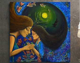 Cuadro al óleo de madre e hija, arte modernista, 60 x 60 cm