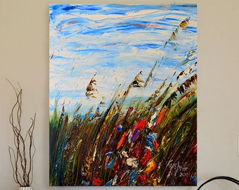 Cuadro al óleo con textura de paisaje floral, arte mural expresivo (60 x 50 cm)