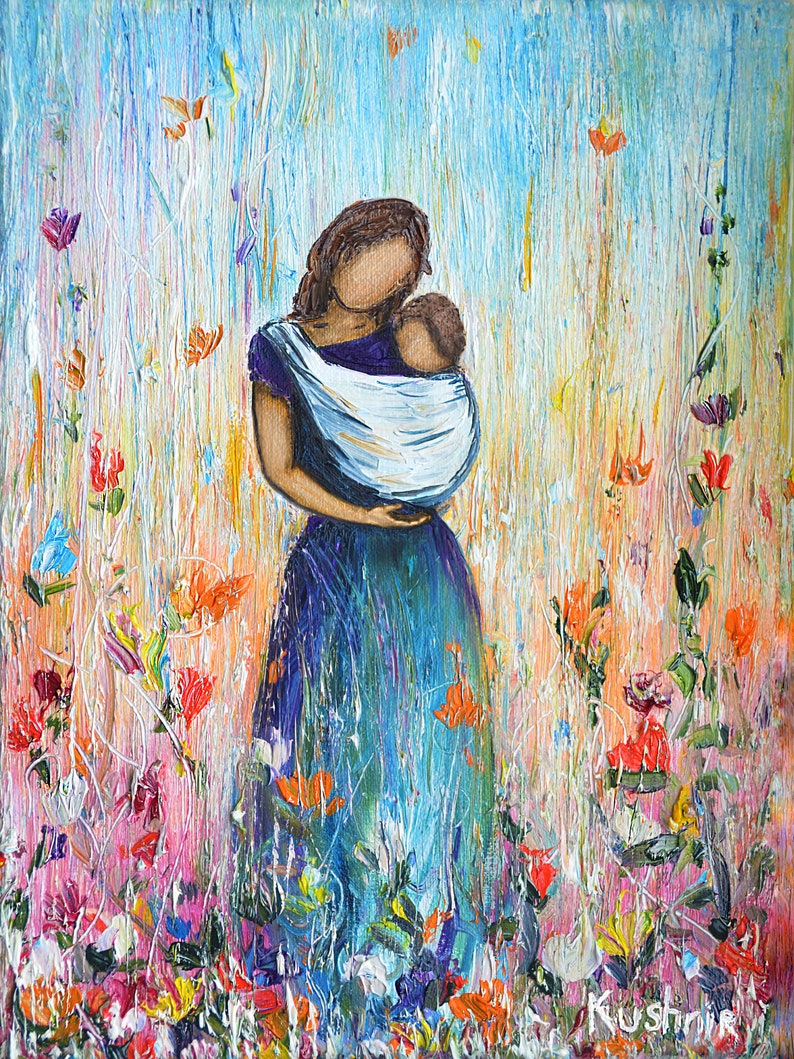 May include: A painting of a mother holding a baby in a sling, standing in a field of colorful flowers. The painting is done in a loose, impressionistic style with thick brushstrokes.