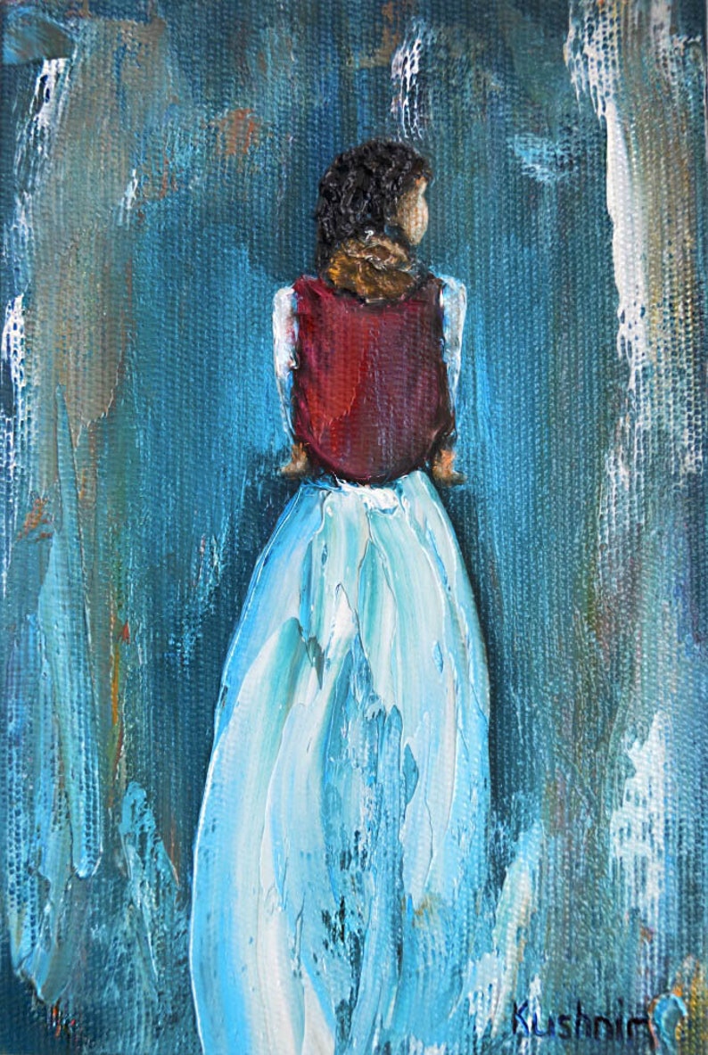 May include: A painting of a person wearing a red vest and a long blue skirt, standing with their back to the viewer against a blue background.