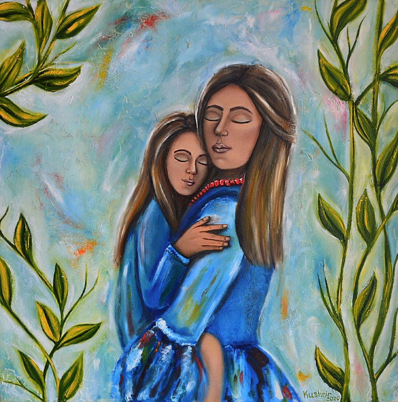 May include: A painting of a mother and daughter embracing. The woman is wearing a blue dress and has long brown hair. The girl is wearing a blue dress and has long brown hair. The background is a light blue with green leaves.