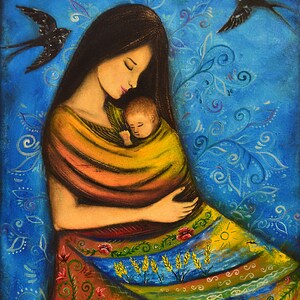 May include: A painting of a woman holding a baby in a colorful shawl. The woman has long dark hair and is wearing a colorful dress. The background is a blue sky with birds flying.