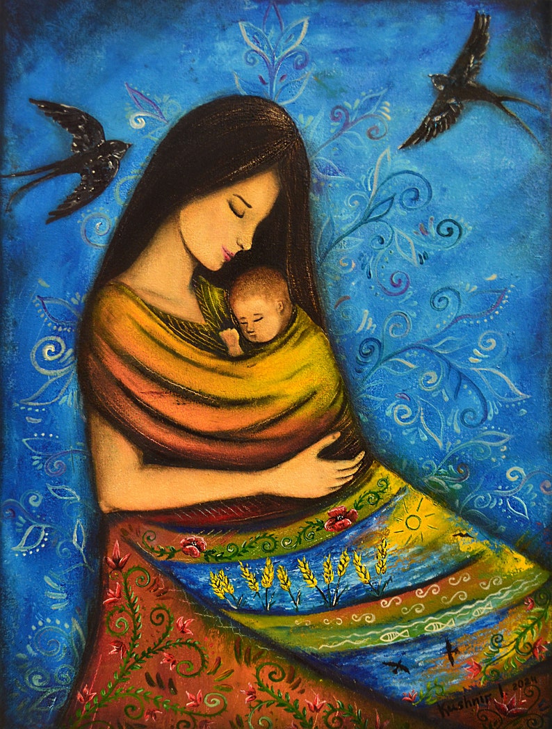May include: A painting of a woman holding a baby in a colorful shawl. The woman has long dark hair and is wearing a colorful dress. The background is a blue sky with birds flying.
