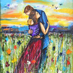 May include: A painting of a family of three standing in a field of colorful flowers. The father is wearing a blue shirt and the mother is wearing a red dress. The child is being held by the mother. The sky is a bright blue with yellow and orange clouds. The painting is signed "Kushnir".
