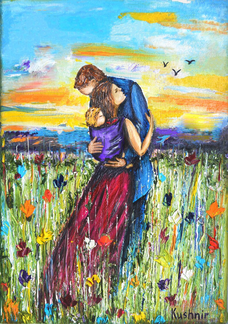 May include: A painting of a family of three standing in a field of colorful flowers. The father is wearing a blue shirt and the mother is wearing a red dress. The child is being held by the mother. The sky is a bright blue with yellow and orange clouds. The painting is signed "Kushnir".