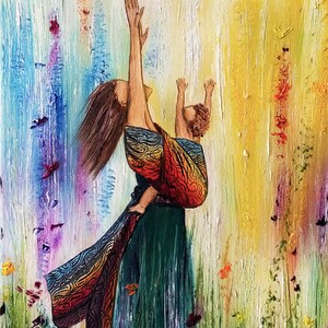 May include: A painting of a mother and child in a field of flowers. The mother is wearing a colorful shawl and holding the child in a sling. Both are reaching up towards the sky.