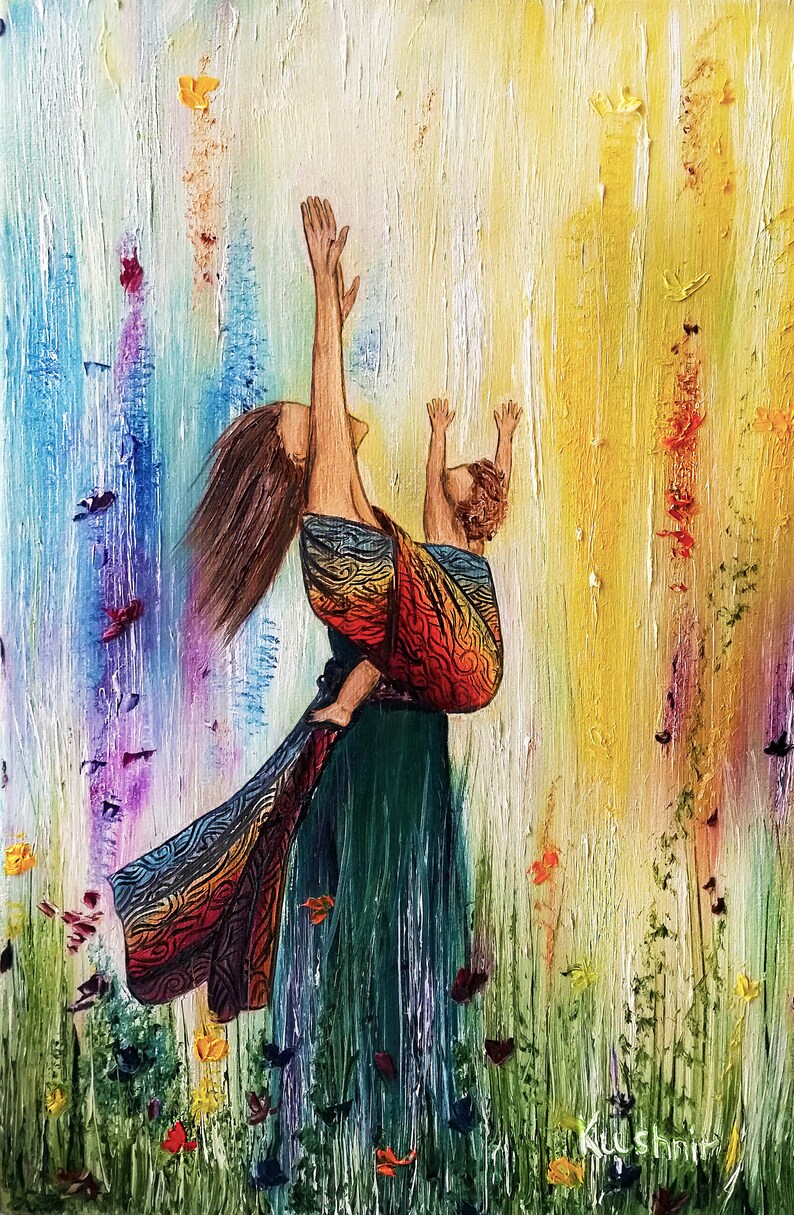 May include: A painting of a mother and child in a field of flowers. The mother is wearing a colorful shawl and holding the child in a sling. Both are reaching up towards the sky.