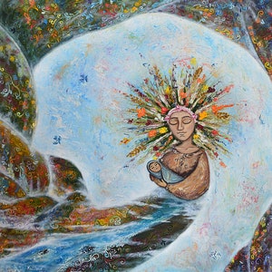 May include: A painting of a woman with a crown of flowers holding a baby. The woman has her eyes closed and is wearing a brown dress. The baby is wrapped in a blue blanket. The background is a light blue with white clouds.