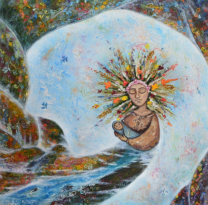 May include: A painting of a woman with a crown of flowers holding a baby. The woman has her eyes closed and is wearing a brown dress. The baby is wrapped in a blue blanket. The background is a light blue with white clouds.