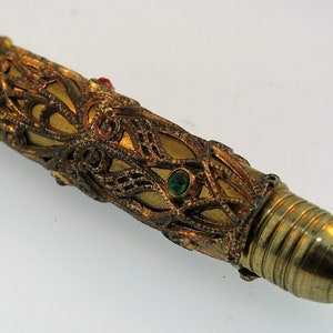 Vintage Gold Plated Ornate Tube Refillable Ink Keychain Chatelaine Pendant Pen