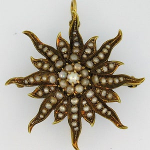 Victorian 14K Natural Seed Pearl Solar Flower Pendant Brooch Pin