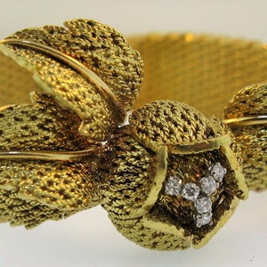 Rare LeCoultre 18K Yellow Gold and Diamond Back Wind Surprise Hidden Flip Mesh Rosebud Watch Bracelet