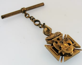 Antique 14K Knight's Templar 32nd Degree Double Headed Eagle Scottish Rite  Mason Maltese Cross Flip Watch Fob with Articulated Knight Helmet