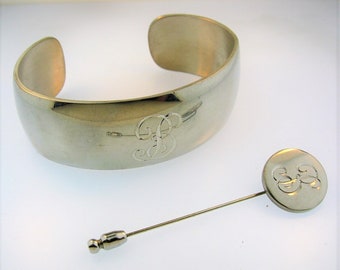 Vintage Signed Stieff Engraved Initial "B" Fine Pewter Cuff Bracelet and Stick Pin Set with Original Velvet Box