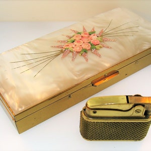 Vintage 1950s 24K Gold Plated Pigeon Pearloid Embroidered Cigarette Case  with Flip Up Lighter