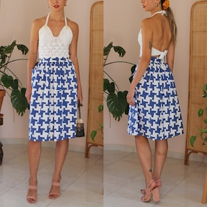 Vintage Geometric Print Skirt, Vintage Summer Cotton Skirt, Vintage Pleated Skirt in Blue, Vintage Blue Skirt, UK 8 / US 4