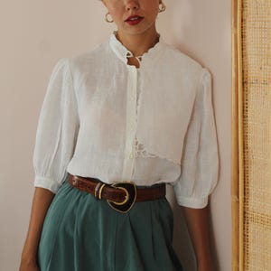 Vintage Statement Linen Blouse in White, Occasion Linen Blouse White, Summer Linen Blouse White, High Collar Linen Blouse, UK 18 / US 14