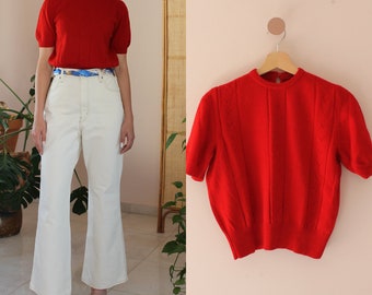 Vintage korte mouwen gebreid in rood, vintage lente gebreid in rood, korte mouwen gebreide kleding, lichte pullover trui in rood, UK 14 / US 10